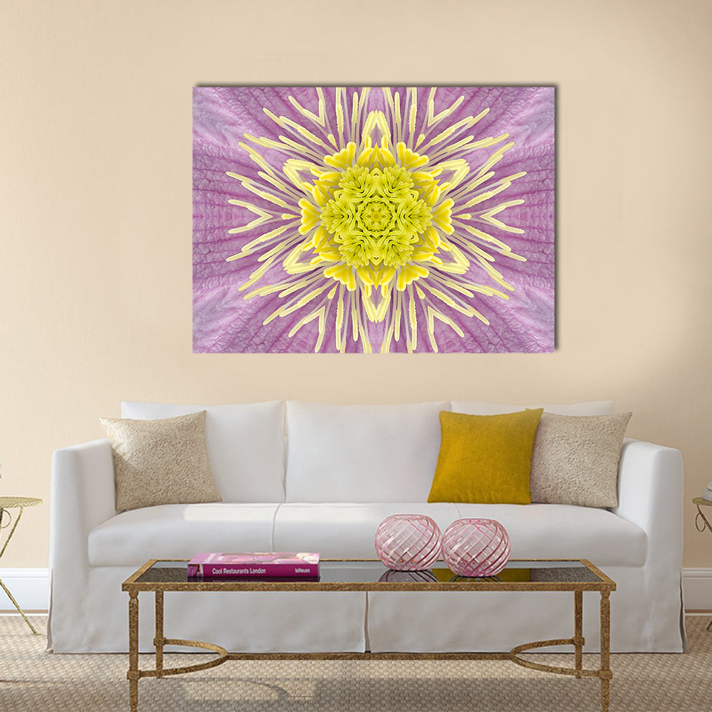 Mandala Kaleidoscope Flower Canvas Wall Art in yellow, purple and pink, single panel hung on a wall