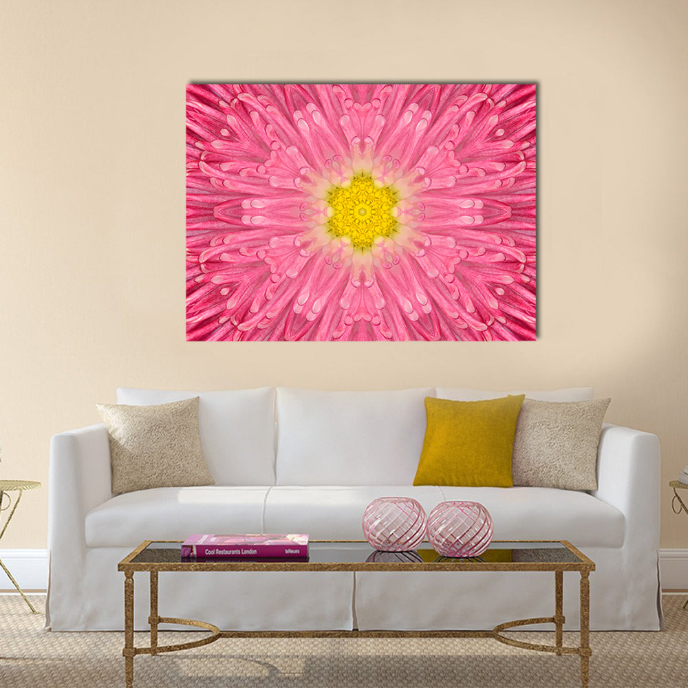 Daisy Pink Flower Canvas Wall Art in yellow and pink, single panel hung on a wall