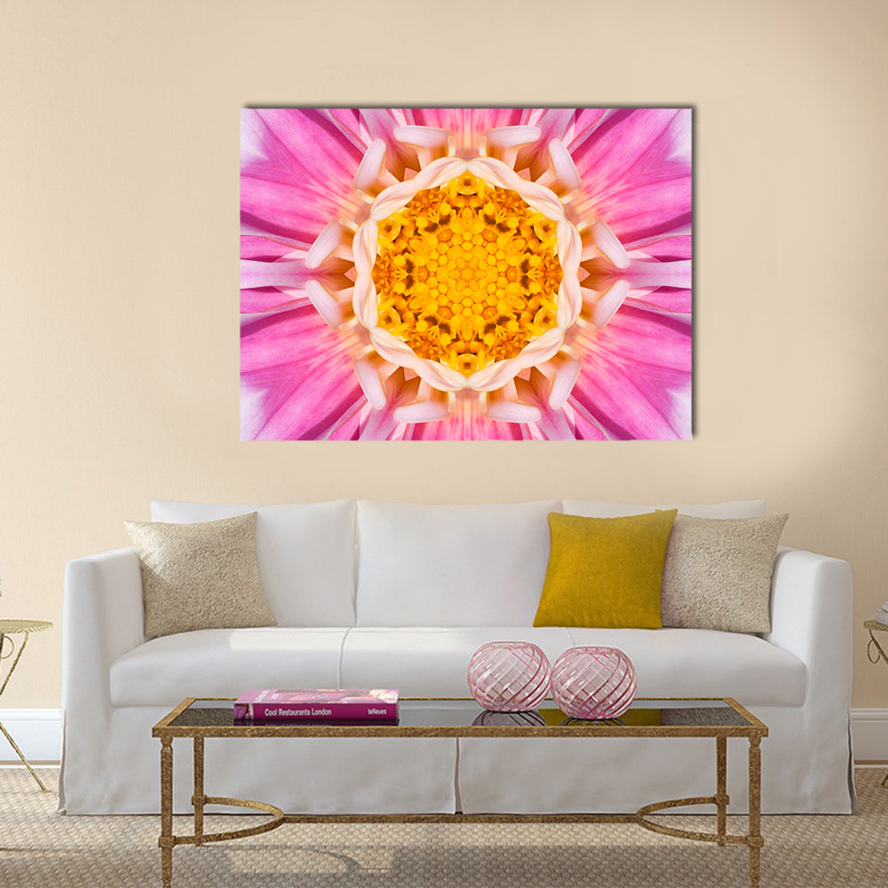Pink Mandala Flower Canvas Wall Art in white, yellow and pink, single panel hung on a wall