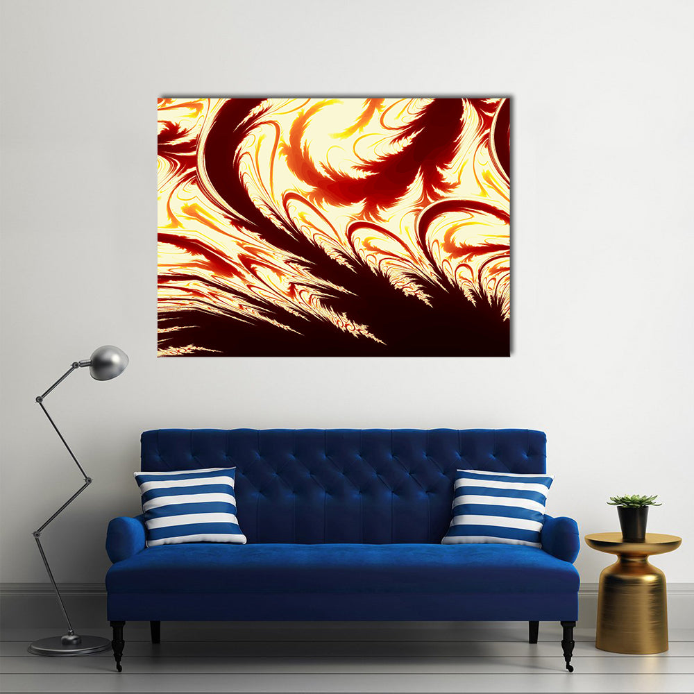 Fractal Flame Feather Illustration Canvas Wall Art in red, orange and yellow, single panel hung on a wall