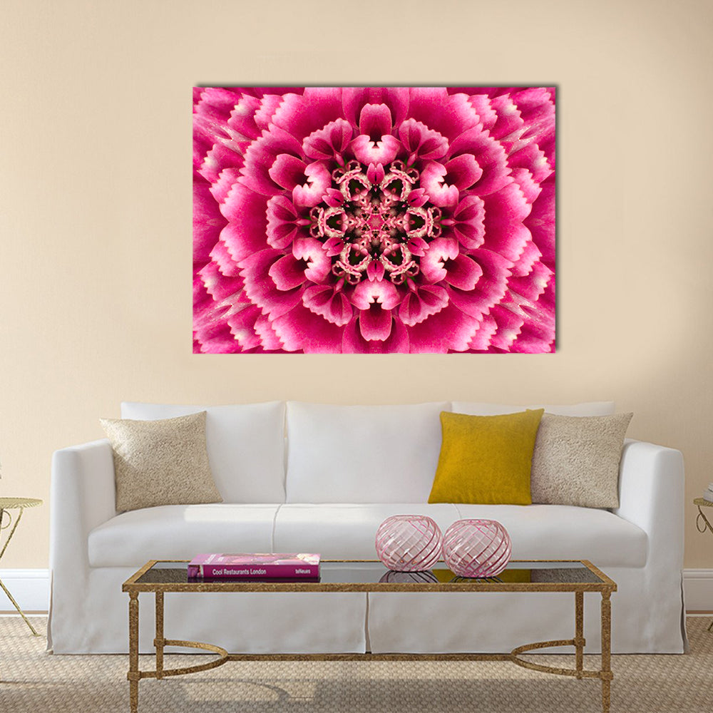 Concentric Mandala Flower Canvas Wall Art in purple and pink, single panel hung on a wall