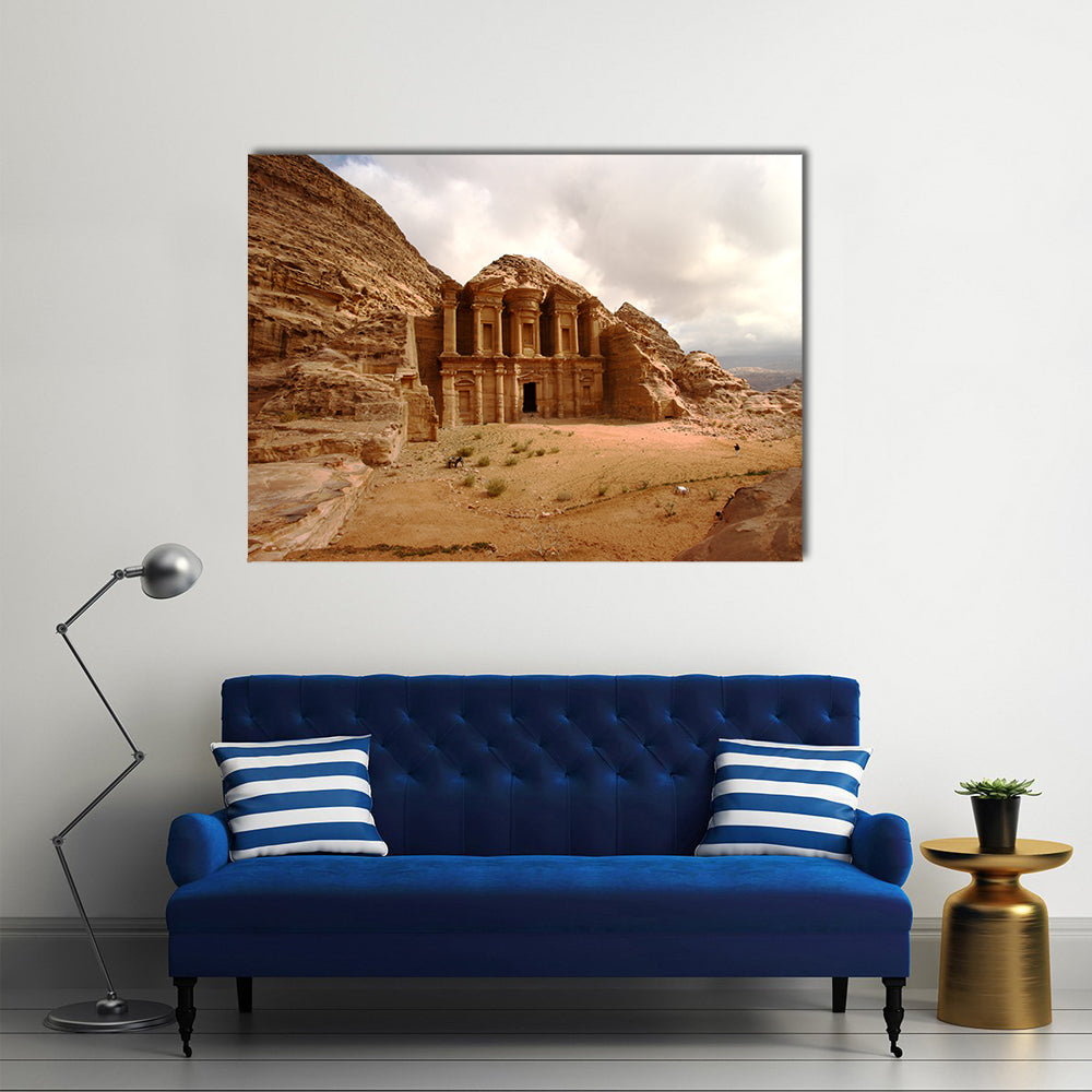 Monastery at Petra, Jordan Canvas Wall Art in beige and brown, single panel hung on a wall
