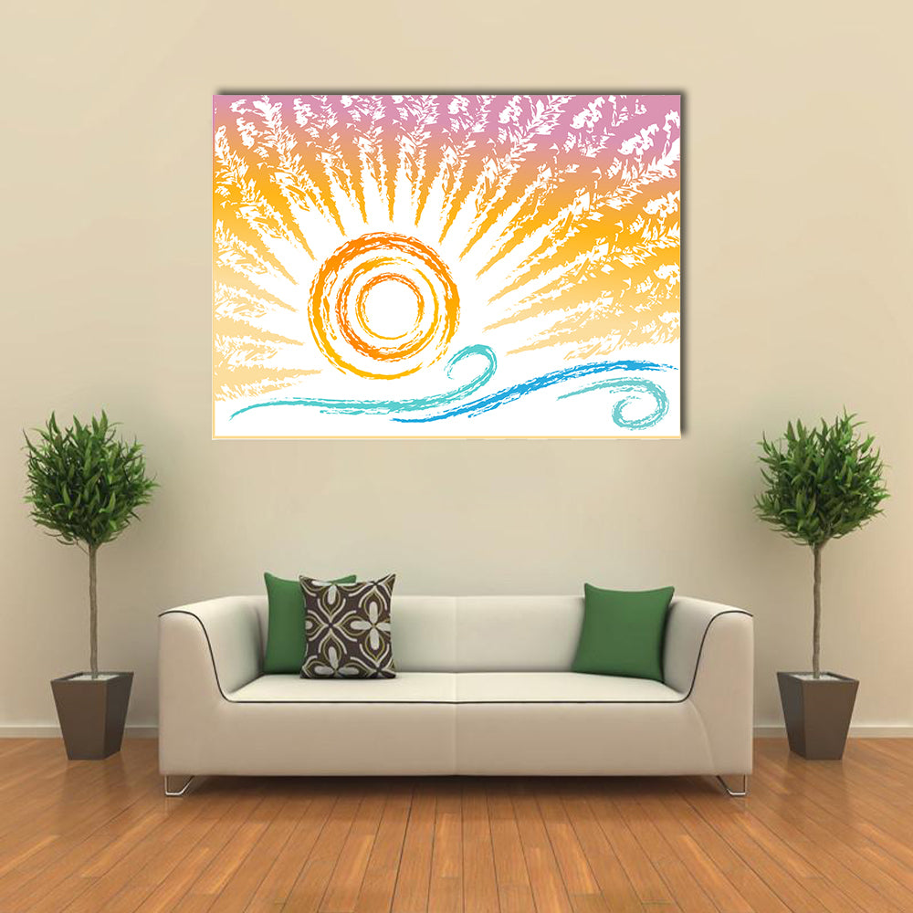 Stylized Sun and Ocean Waves Canvas Wall Art