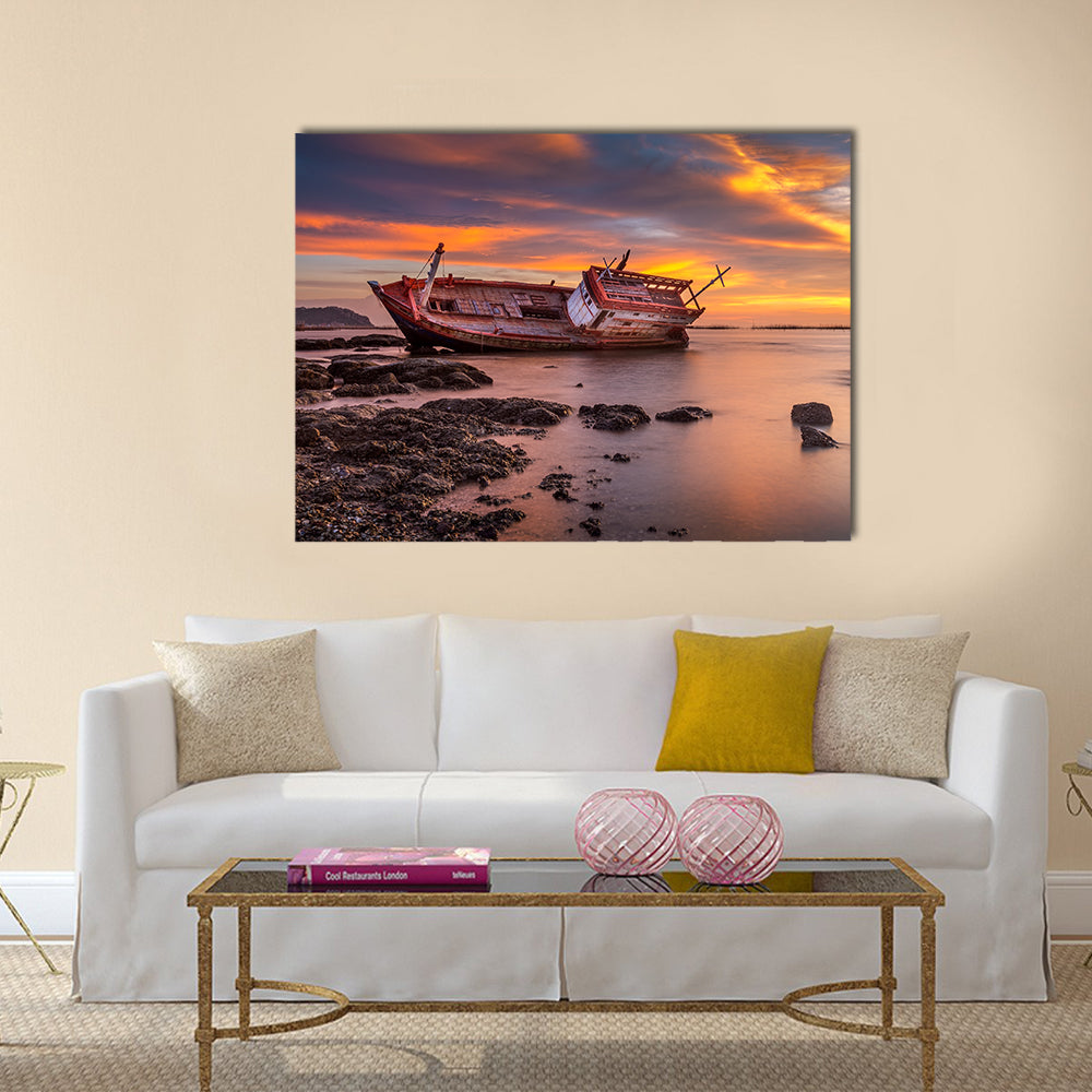 Fishing Boat Moored On Beach At Sunset Canvas Wall Art