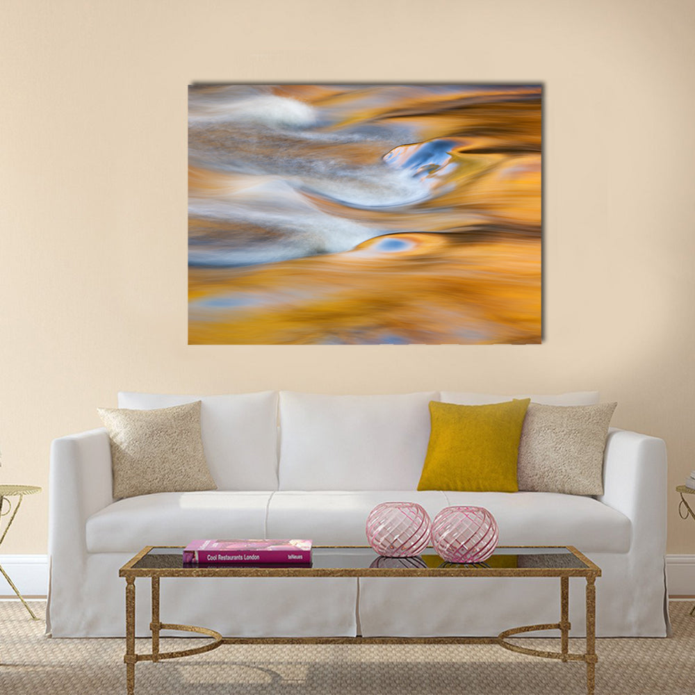 Bond Falls Rapids In USA Canvas Wall Art in white, yellow and blue, single panel hung on a wall