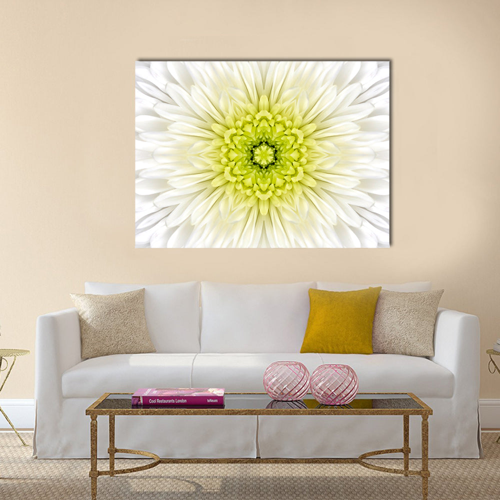 White Mandala Concentric Flower Canvas Wall Art in white, yellow and green, single panel hung on a wall