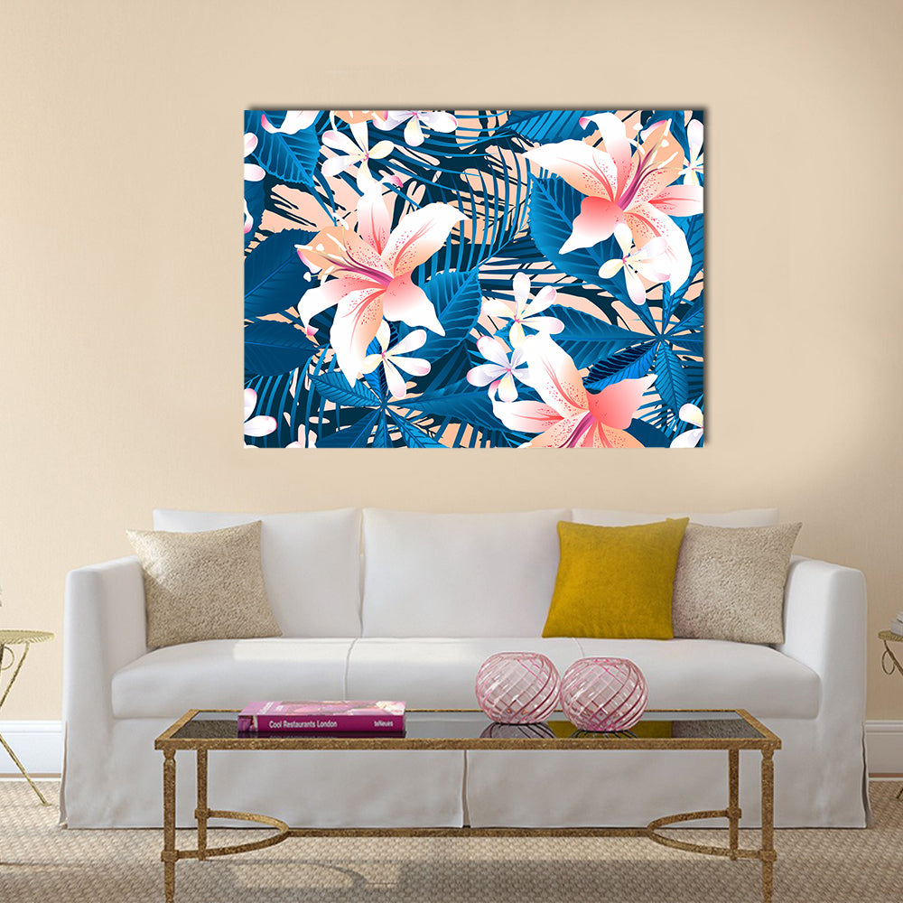 Tropical Lily and Plumeria Floral Pattern Canvas Wall Art