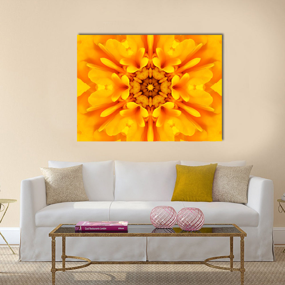 Yellow Mandala Flower Canvas Wall Art in orange and yellow, single panel hung on a wall