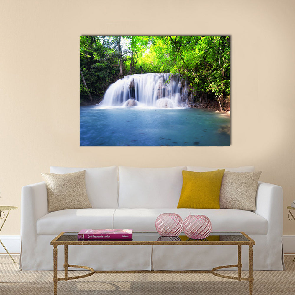 Tropical Waterfall in Thailand Canvas Wall Art in white, green and blue, single panel hung on a wall