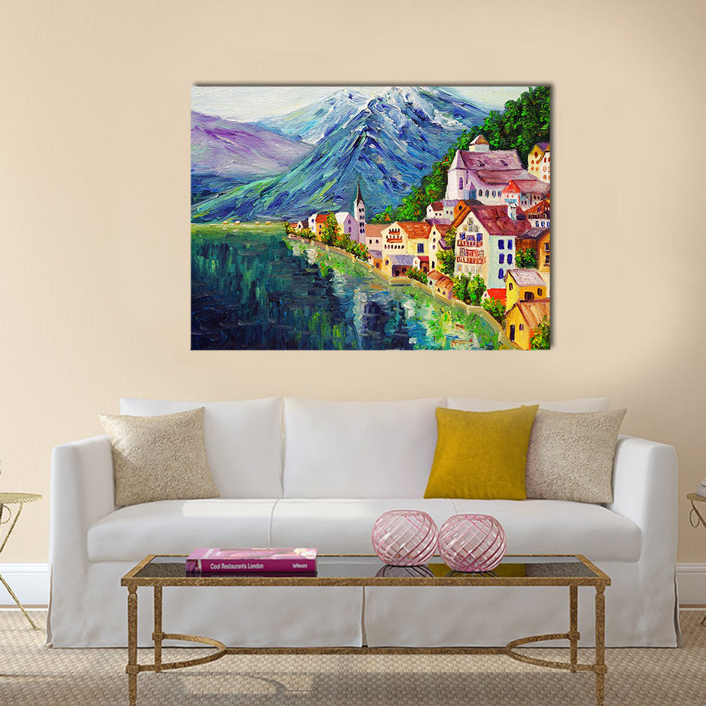 Hallstatt Oil Painting Austria Canvas Wall Art in green, blue and multicolor, single panel hung on a wall