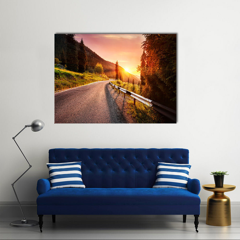 Mountain Road at Sunset in Kazakhstan Canvas Wall Art in orange, yellow and green, single panel hung on a wall