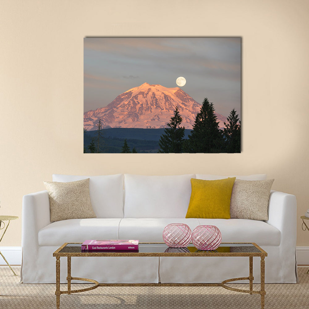 Supermoon Over Mount Rainier Canvas Wall Art in white, gray and pink, single panel hung on a wall