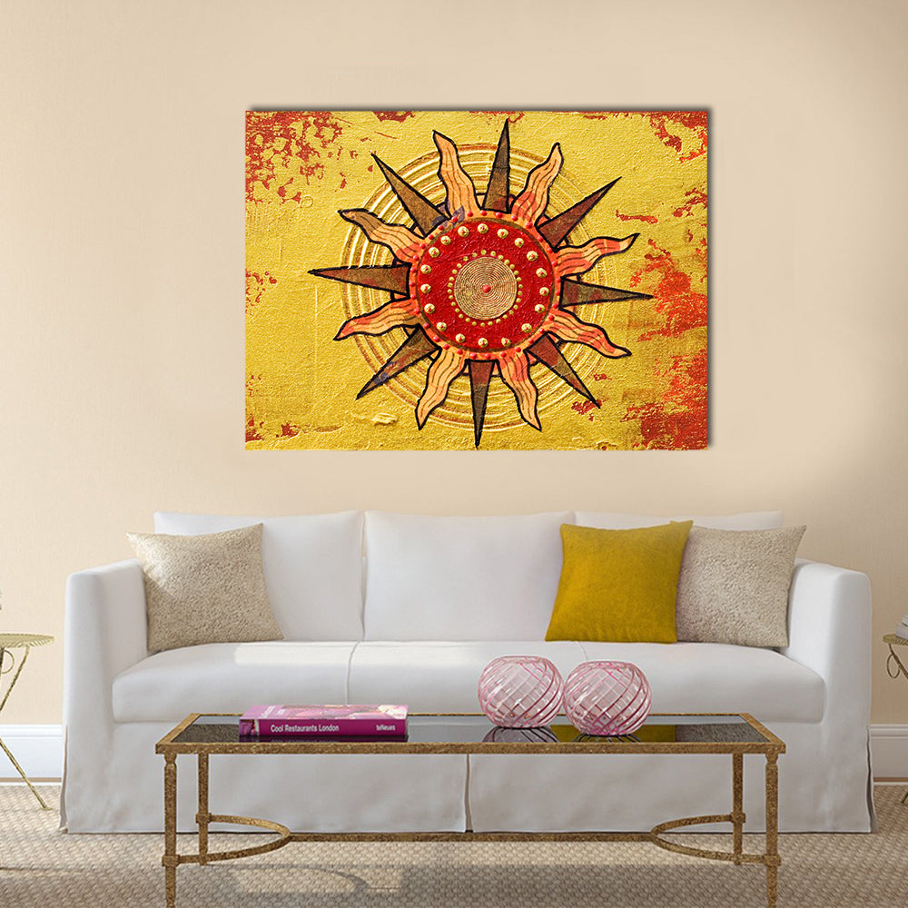 Radiant Golden Sun with Red Disc Canvas Wall Art in gold, red and yellow, single panel hung on a wall