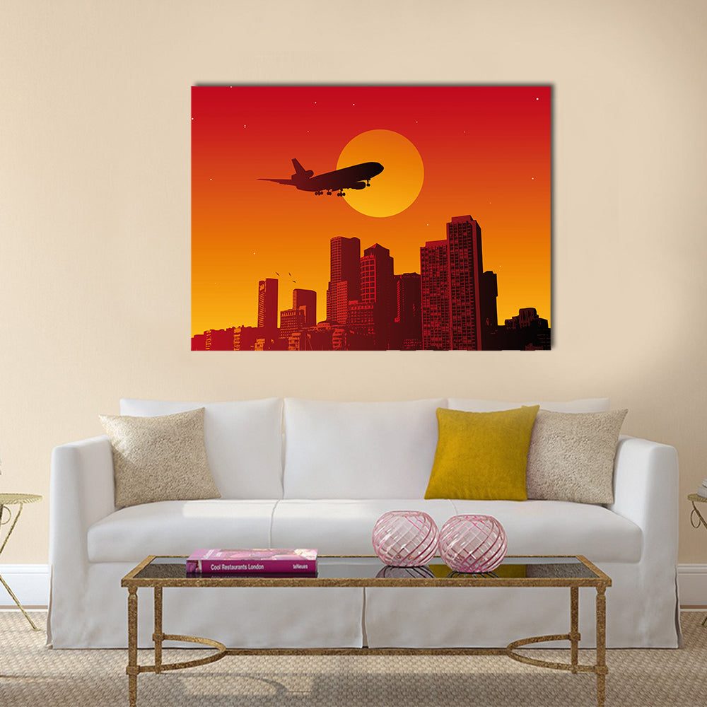 Airplane with Landing Gear Over Sunset City Canvas Wall Art