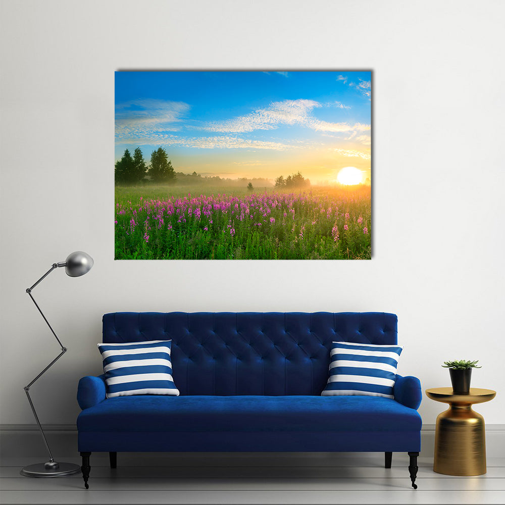 Sunrise Over Blossoming Meadow Canvas Wall Art