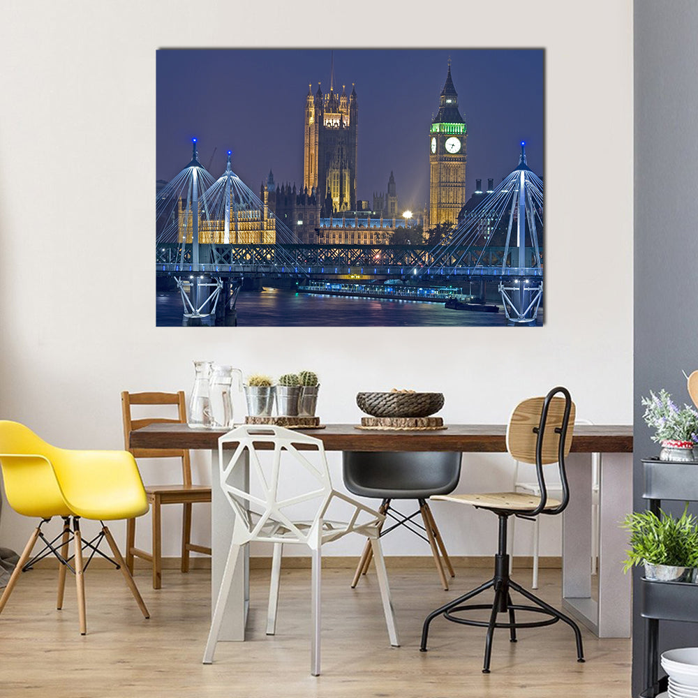 Big Ben at Night, London Skyline Canvas Wall Art in gold, yellow and blue, single panel hung on a wall