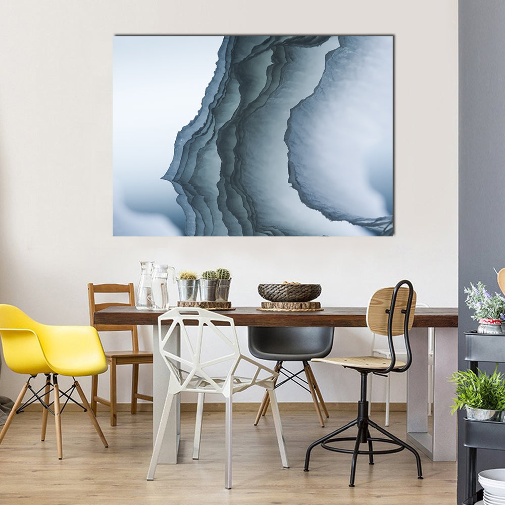 Sea Waves Composition Canvas Wall Art in white, gray and blue, single panel hung on a wall