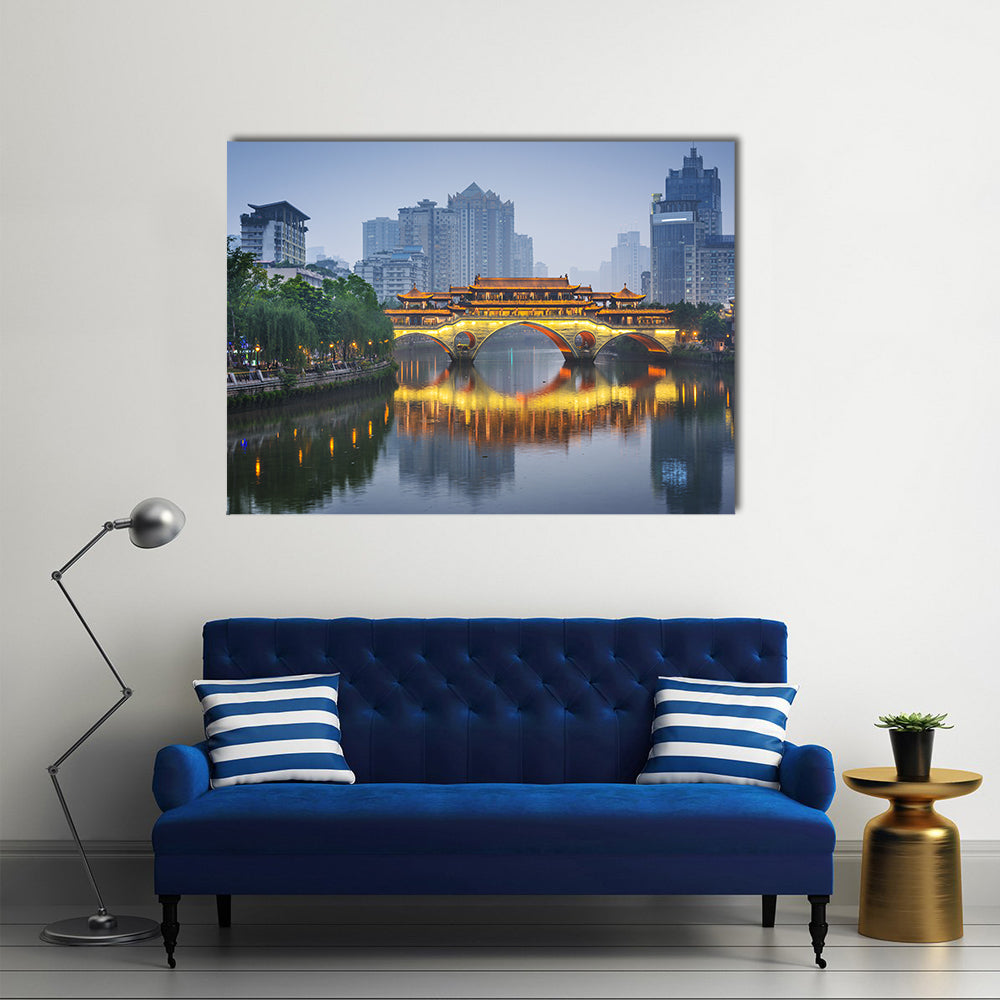 Anshun Bridge on Jin River Chengdu Canvas Wall Art in gray, gold and blue, single panel hung on a wall
