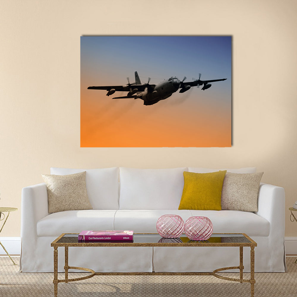 Military Airplane Flying Into Early Morning Sky Canvas Wall Art