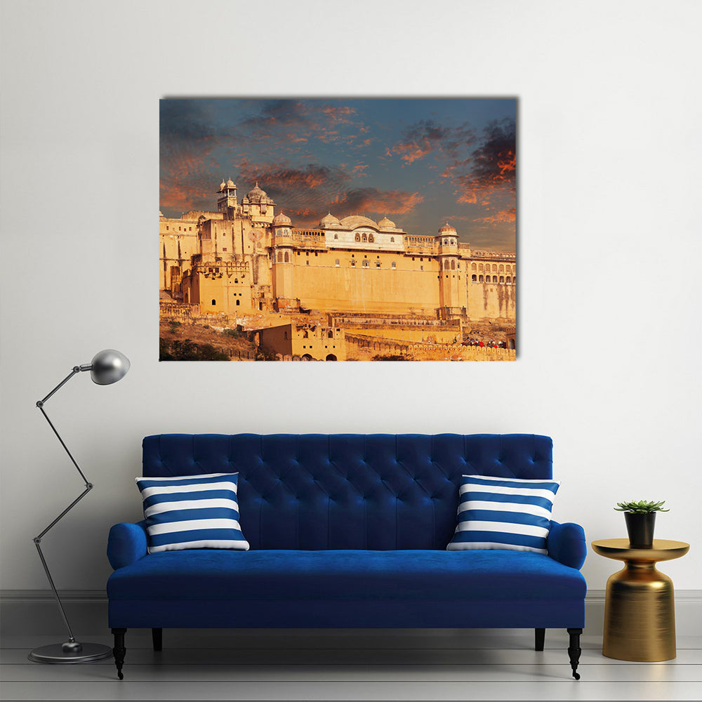 Amber Fort in Jaipur, India Canvas Wall Art in orange, yellow and blue, single panel hung on a wall