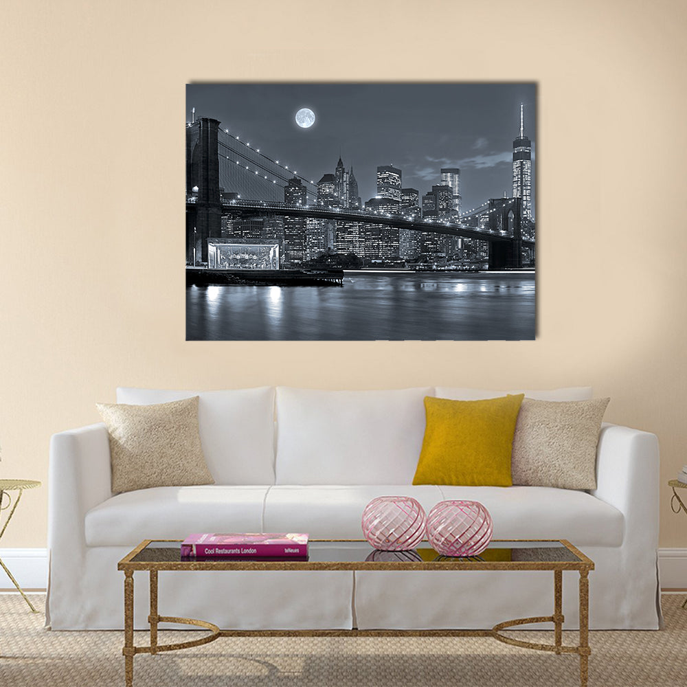 Brooklyn Bridge and Lower Manhattan by Moonlight Canvas Wall Art in black, white and gray, single panel hung on a wall