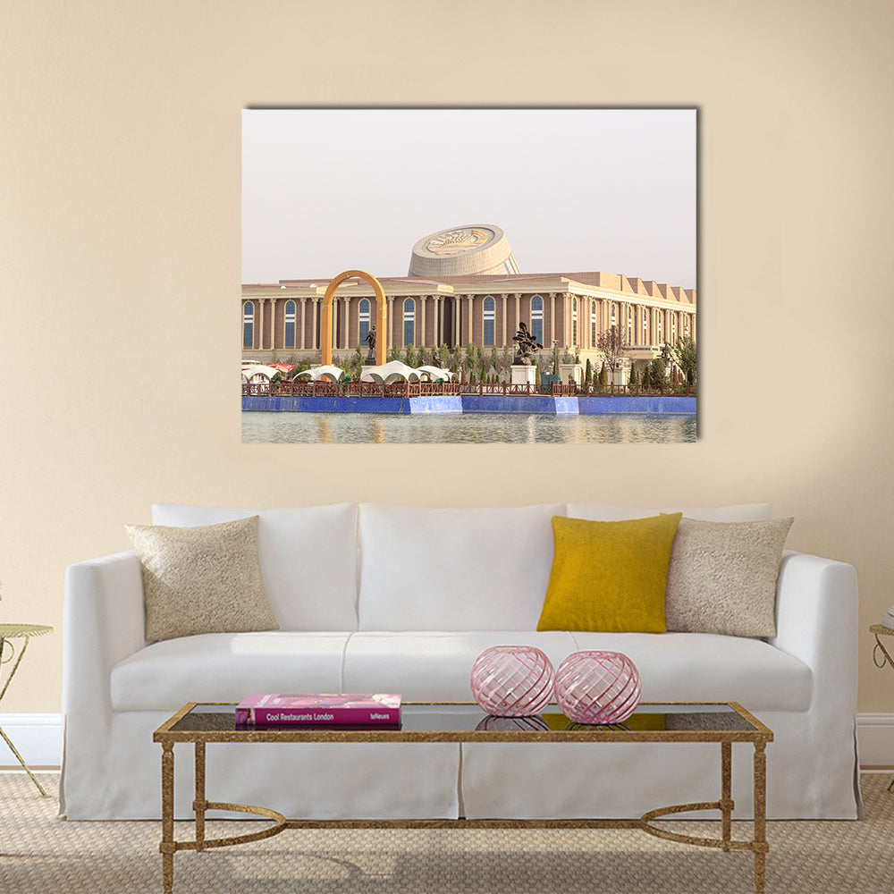 National Museum In Tajikistan Canvas Wall Art in white, beige and blue, single panel hung on a wall
