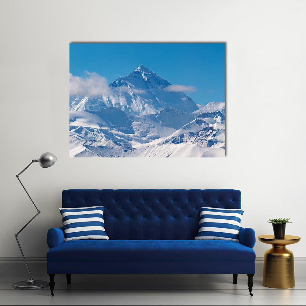 Mount Everest Snow Peaks Canvas Wall Art in white and blue, single panel hung on a wall