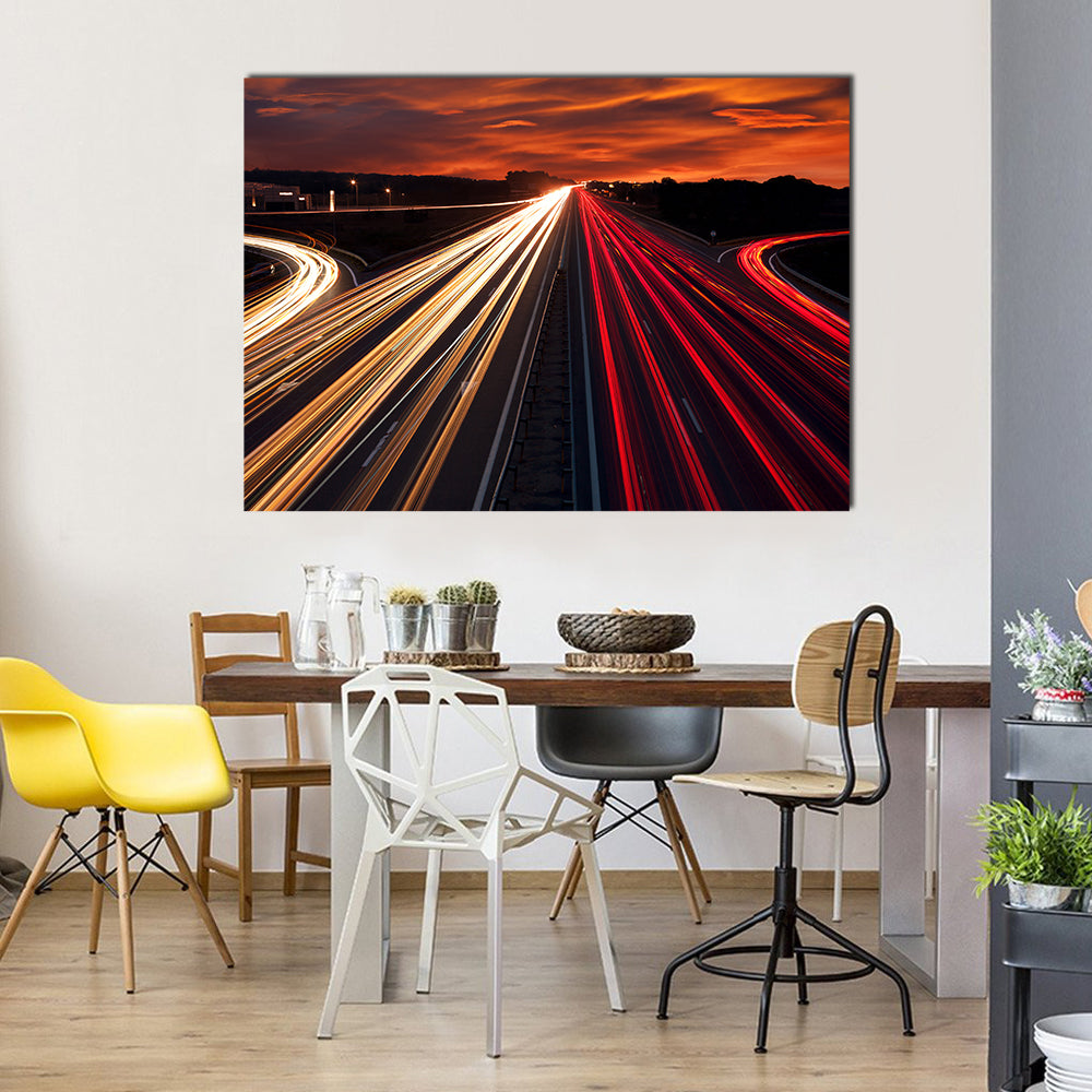 Motorway Light Trails at Sunset Canvas Wall Art in black, red and orange, single panel hung on a wall