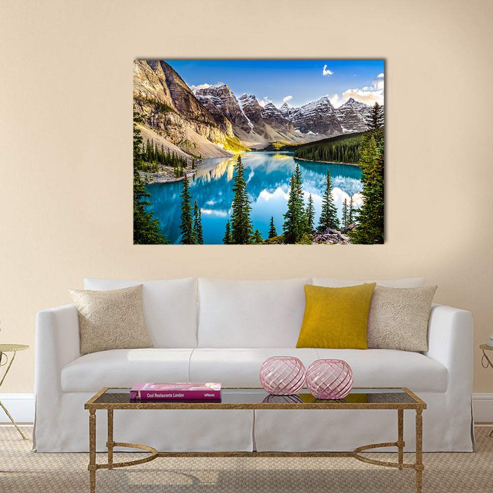 Moraine Lake Alberta Landscape Canvas Wall Art in gray, green and blue, single panel hung on a wall