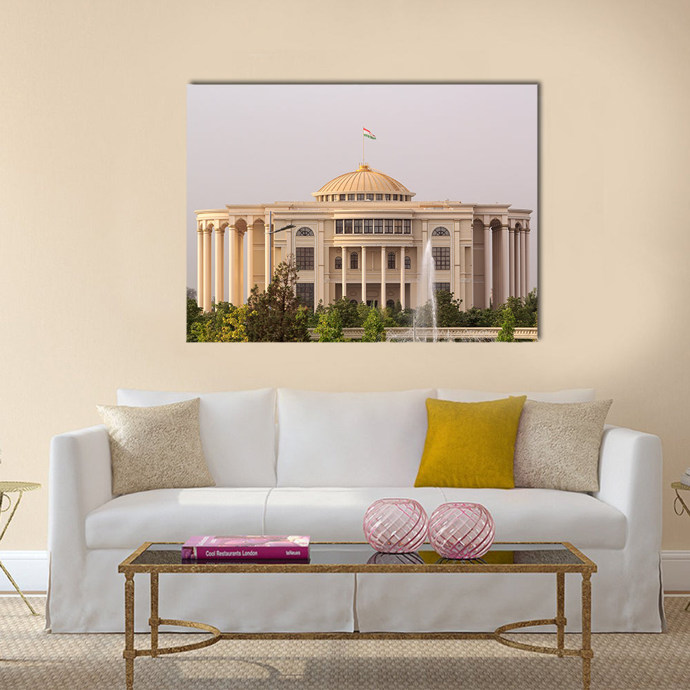 Palais Des Nations In The Morning Canvas Wall Art in white, beige and gold, single panel hung on a wall