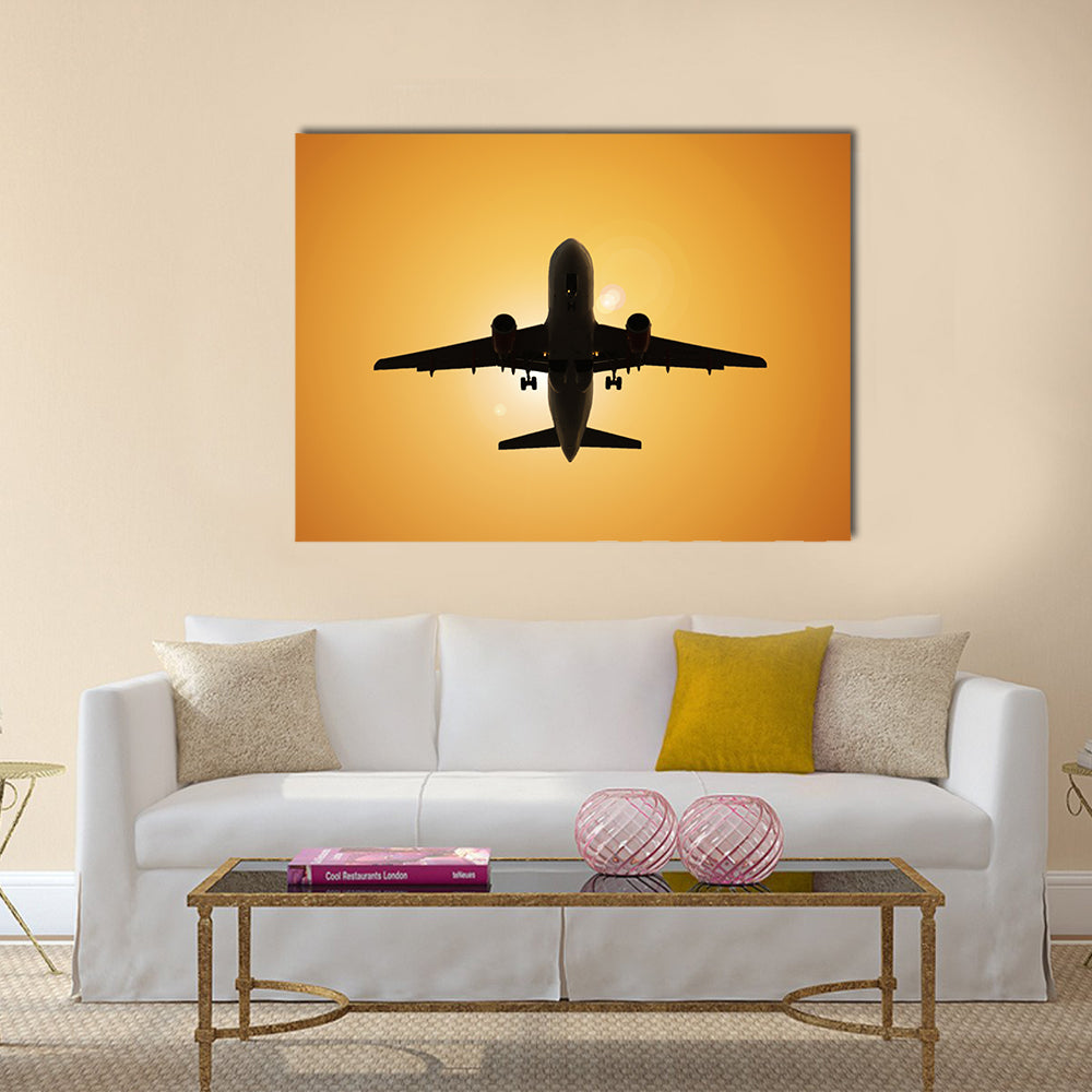 Airplane Silhouette Against the Sun Canvas Wall Art