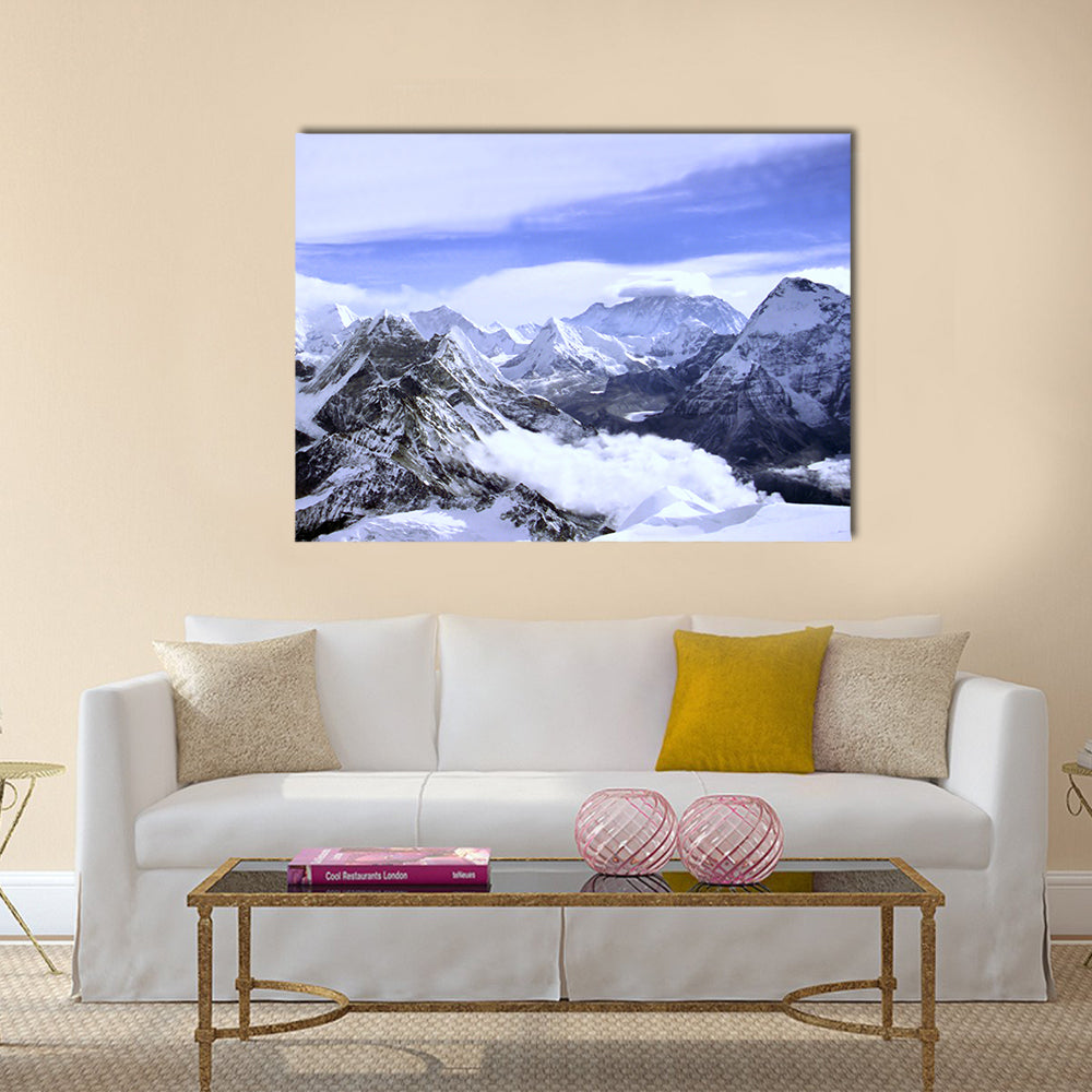 Himalayan Snow-capped Peaks Canvas Wall Art in white, gray and blue, single panel hung on a wall
