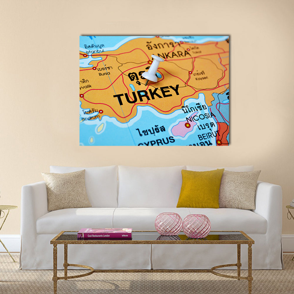 Turkey Map With Push Pin Canvas Wall Art in orange, yellow and blue, single panel hung on a wall