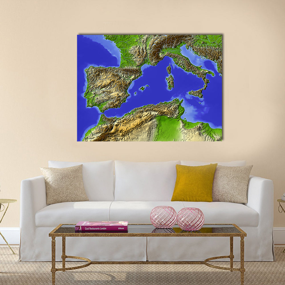 Shaded Relief Map of the Mediterranean Canvas Wall Art