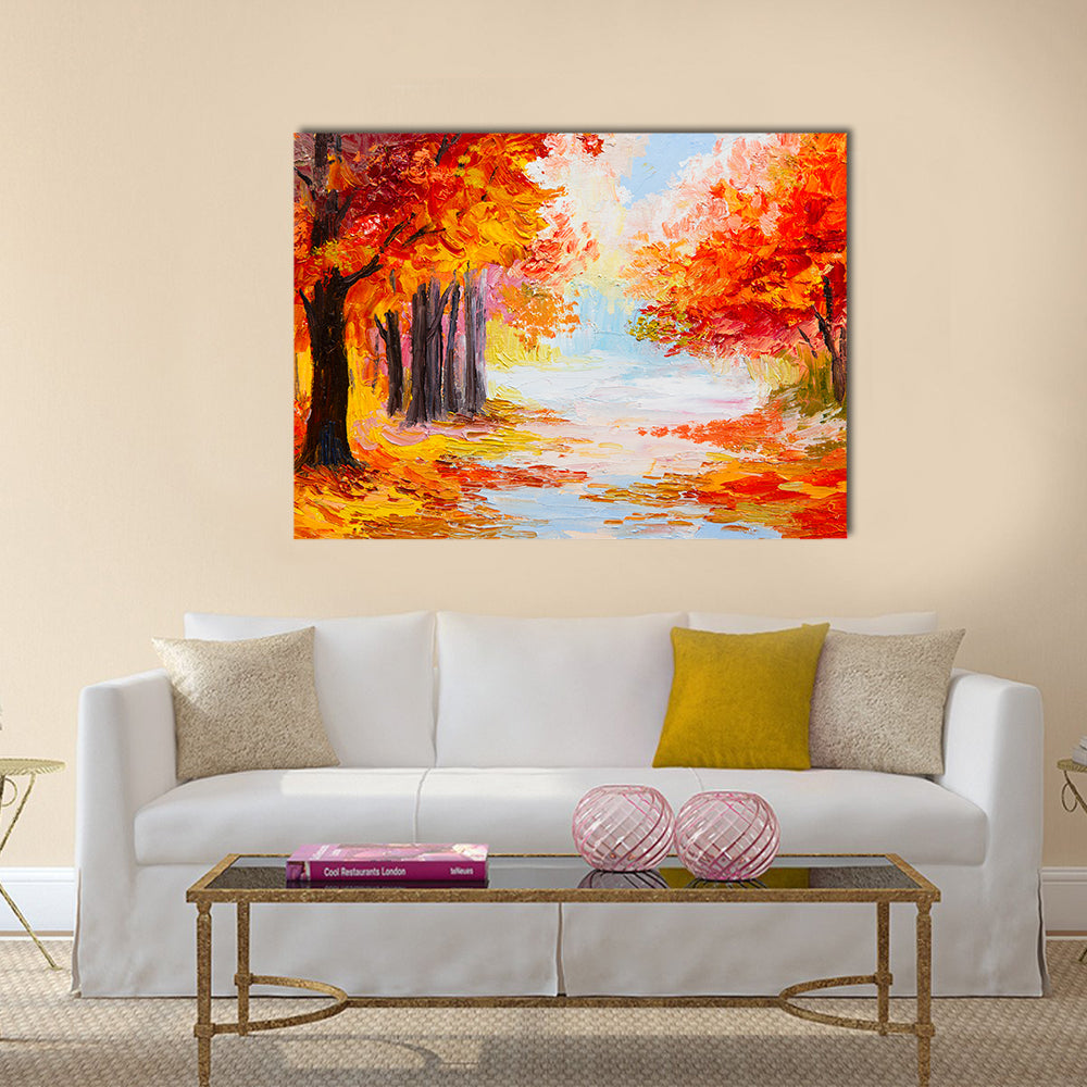 Colorful Autumn Forest Abstract Canvas Wall Art in red, orange and yellow, single panel hung on a wall