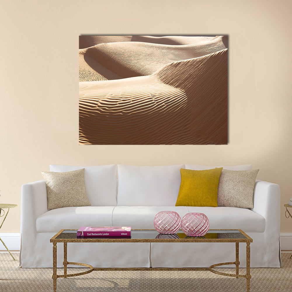 Sahara Sand Dunes Close-up Canvas Wall Art in beige, brown and gold, single panel hung on a wall