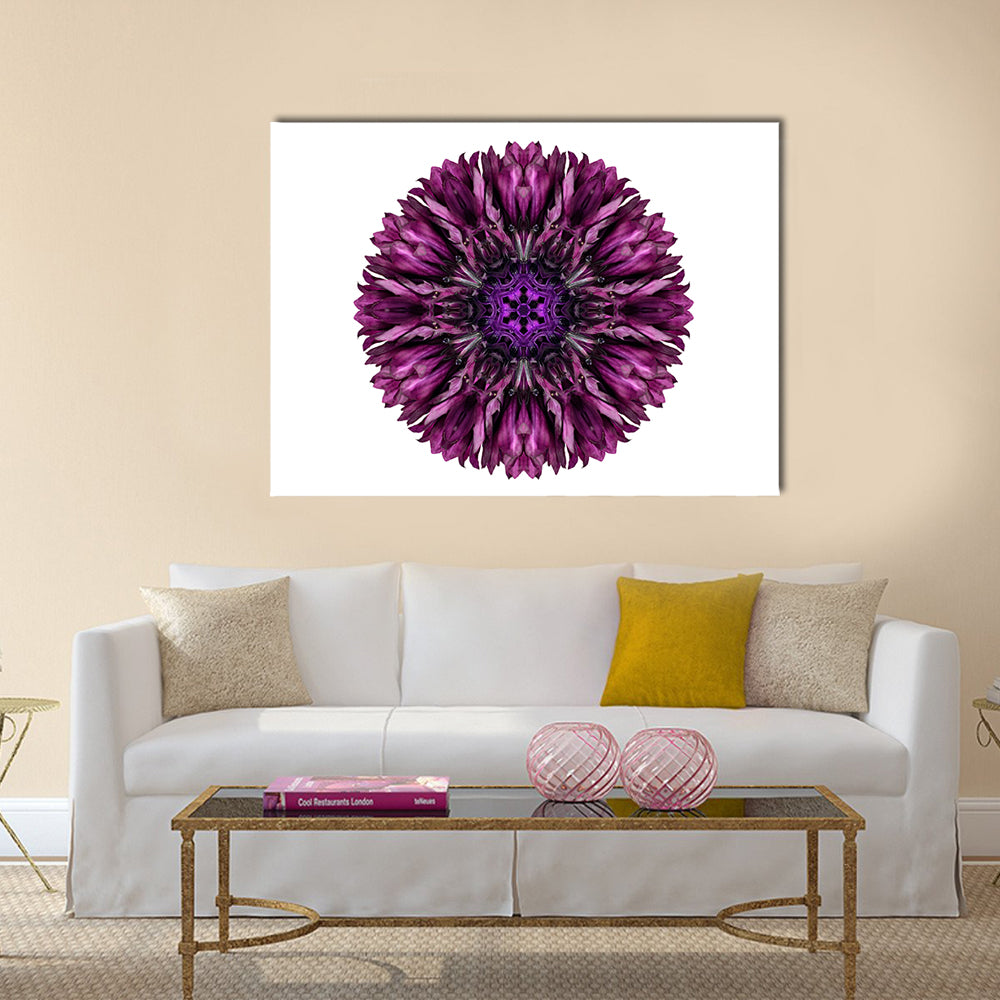 Purple Cornflower Mandala Canvas Wall Art in white and purple, single panel hung on a wall
