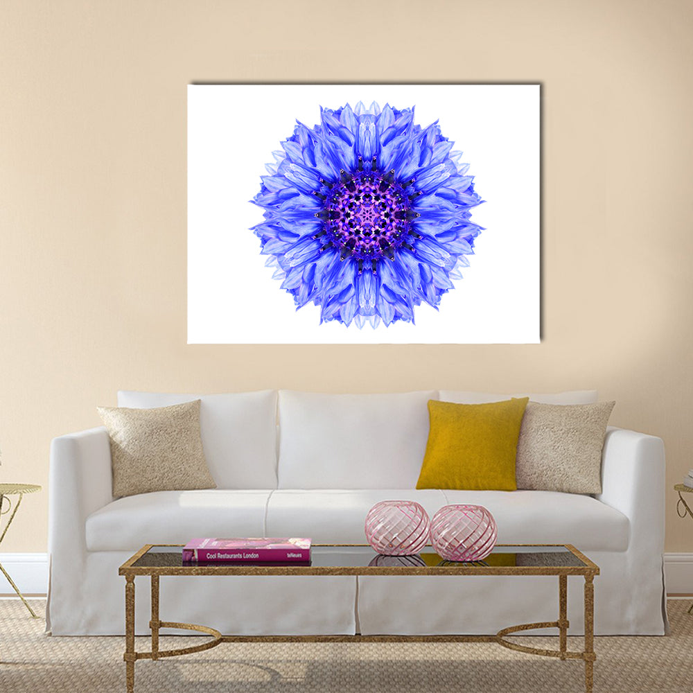 Blue Cornflower Mandala Canvas Wall Art in white, blue and purple, single panel hung on a wall