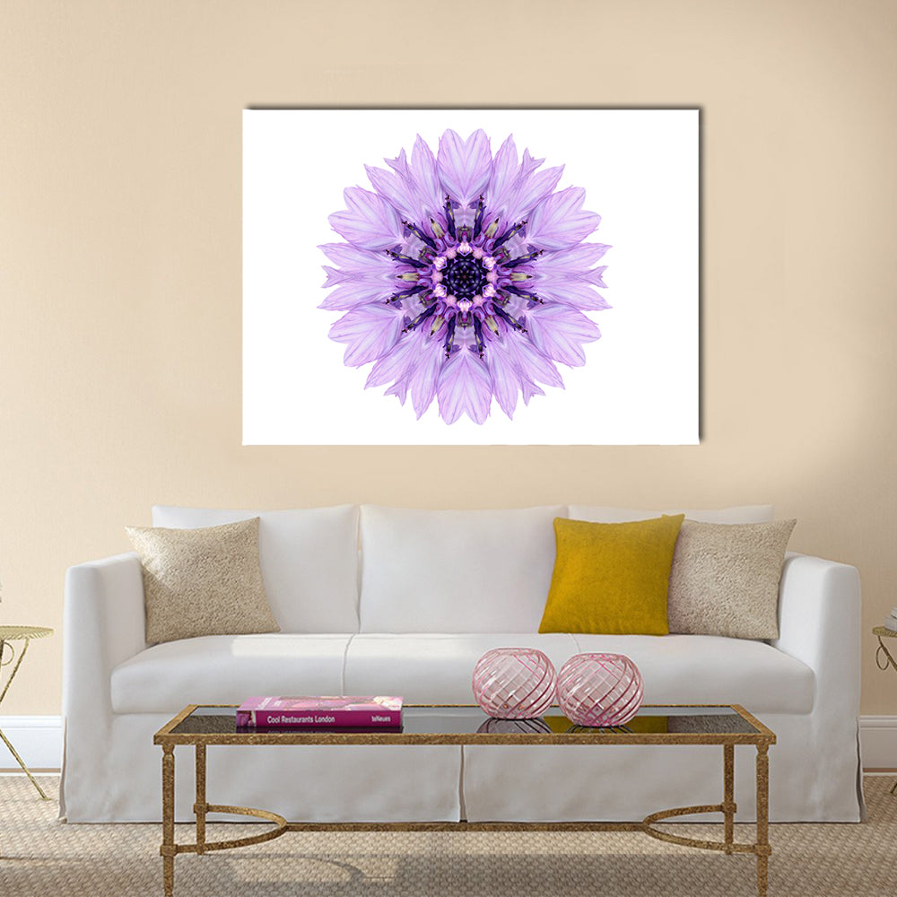 Purple Cornflower Mandala Canvas Wall Art in white and purple, single panel hung on a wall