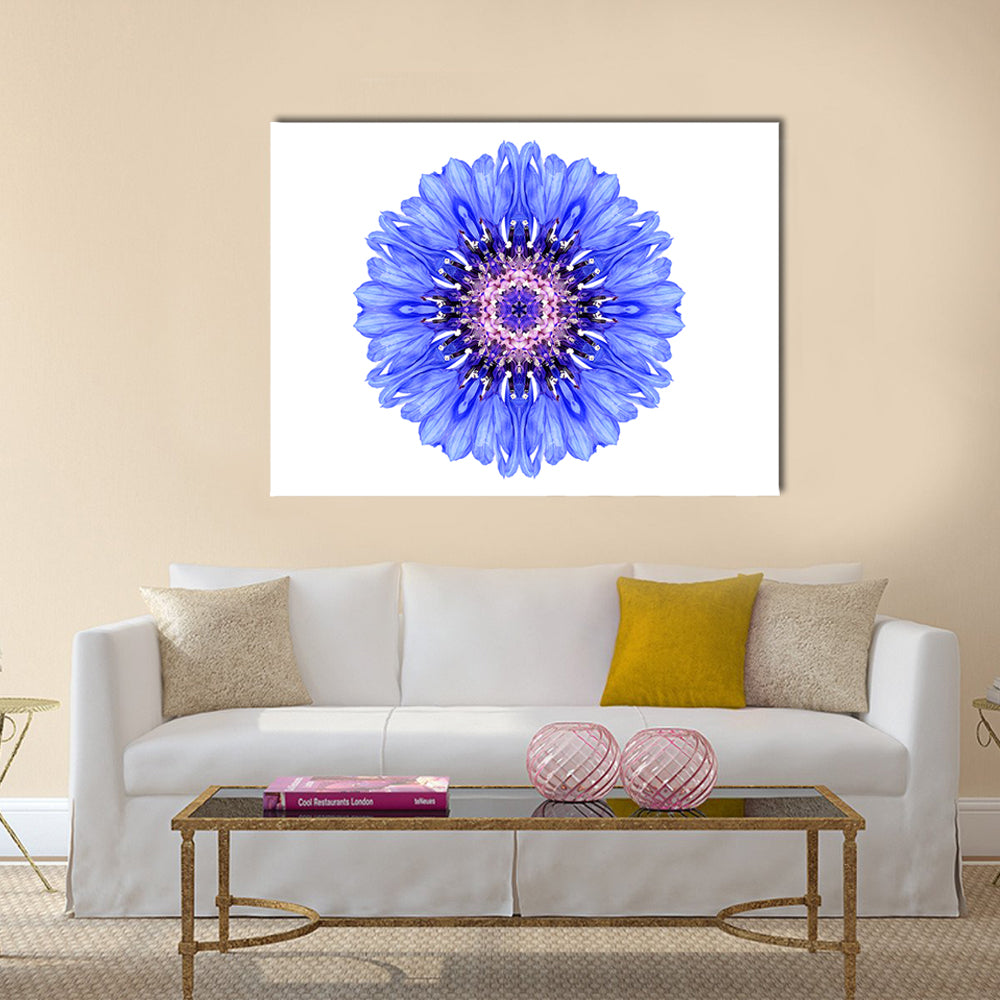 Blue Cornflower Mandala Canvas Wall Art in white and blue, single panel hung on a wall