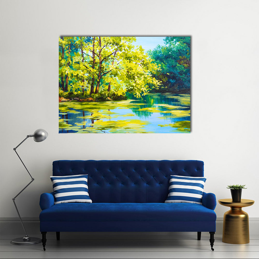 Sunlit Forest Lake Canvas Wall Art