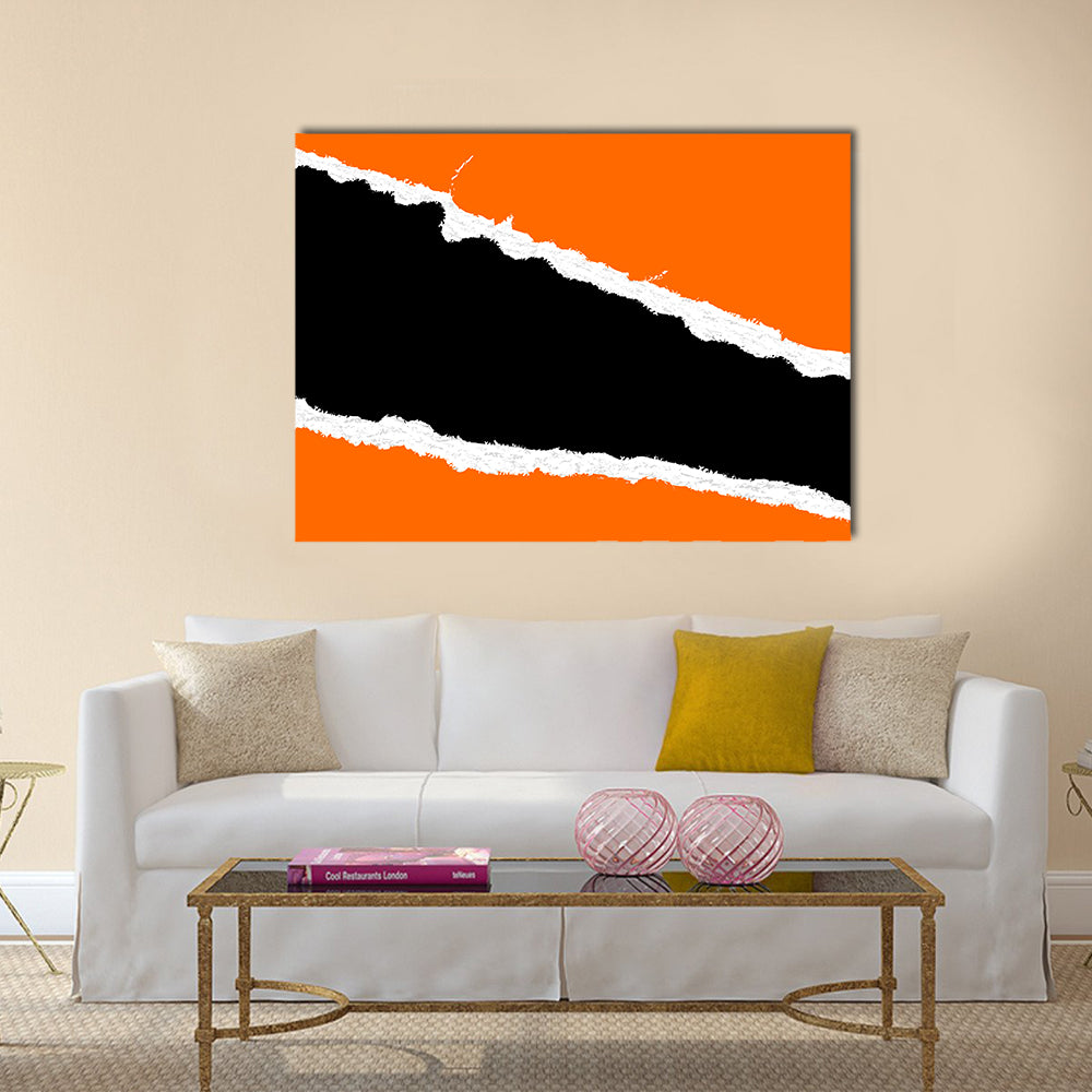 Torn Paper Abstract with Orange Fields Canvas Wall Art in black, white and orange, single panel hung on a wall