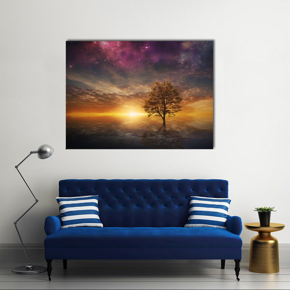 Surreal Tree Over Lake at Sunset Canvas Wall Art in orange, yellow and purple, single panel hung on a wall