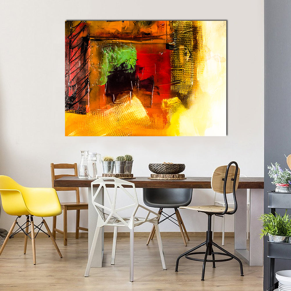Modern Brushstrokes Abstract Canvas Wall Art in red, orange and yellow, single panel hung on a wall