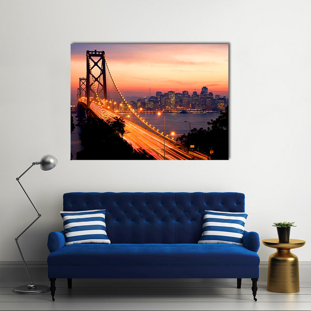 San Francisco And Bay Bridge At Sunset Canvas Wall Art