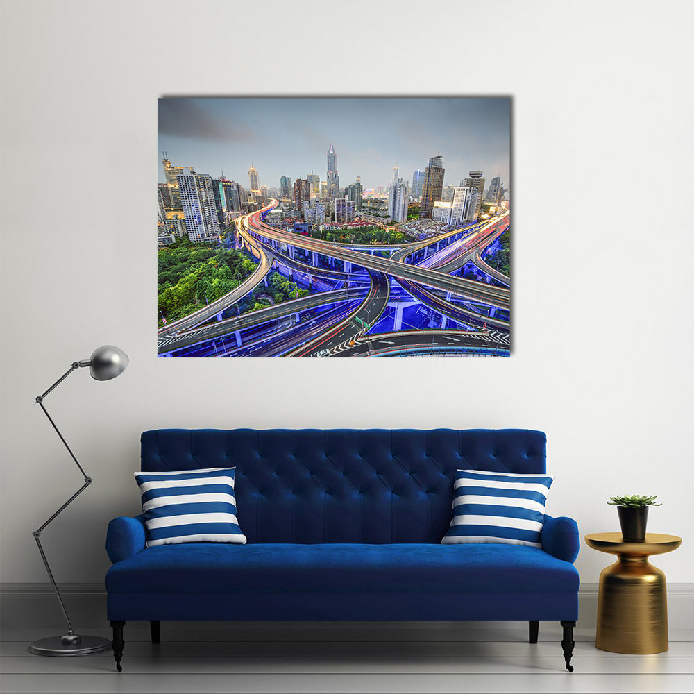 Shanghai Highway Junctions Canvas Wall Art in gray, green and blue, single panel hung on a wall