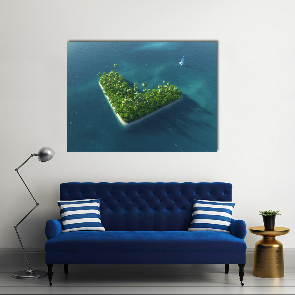 Heart-shaped Tropical Island with Sailboat Canvas Wall Art in green and blue, single panel hung on a wall