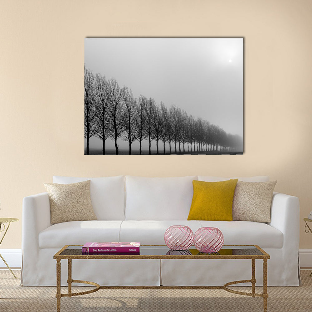 Autumn Trees in Mist Canvas Wall Art in black, white and gray, single panel hung on a wall