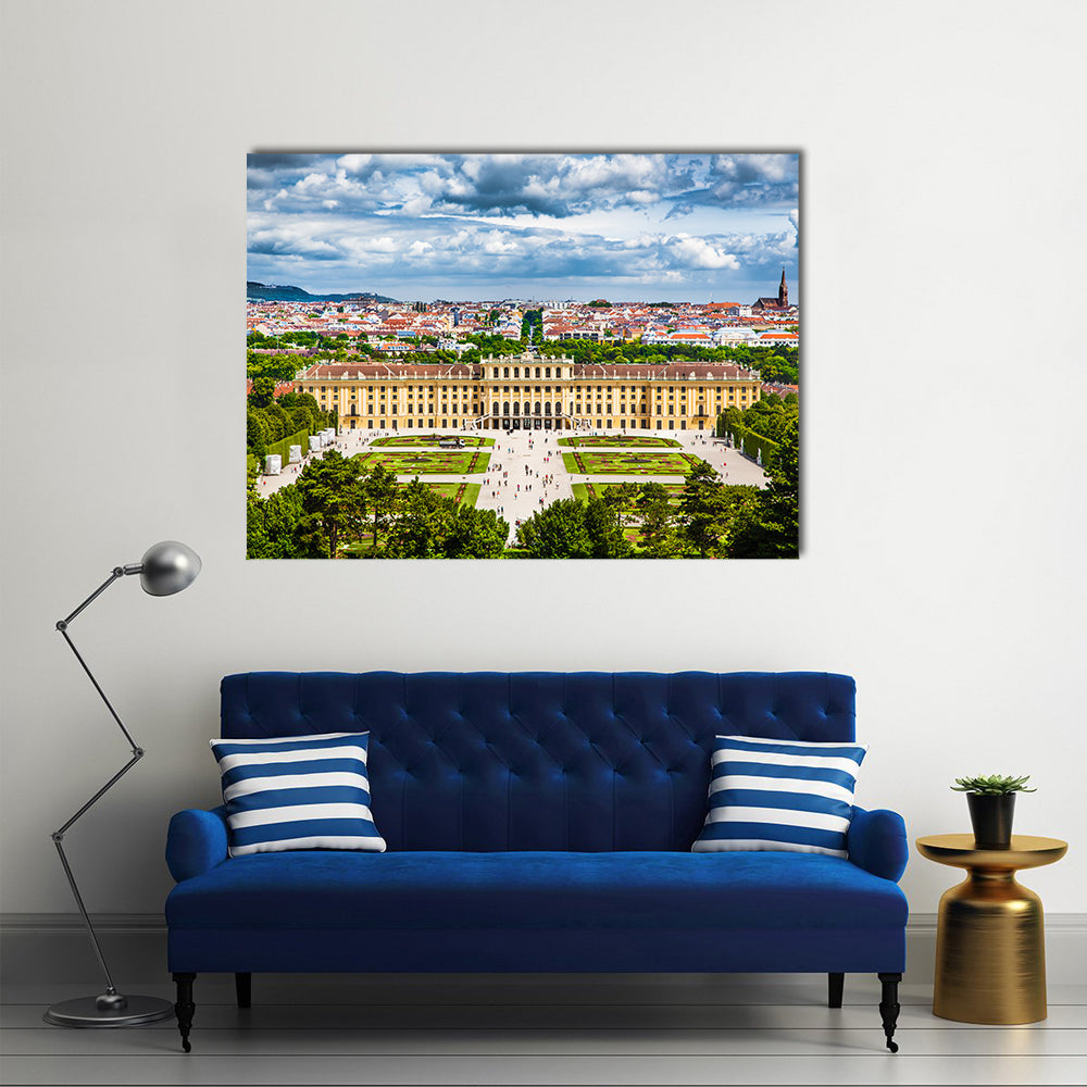Schonbrunn Palace Parterre Garden, Vienna Canvas Wall Art in yellow, green and blue, single panel hung on a wall