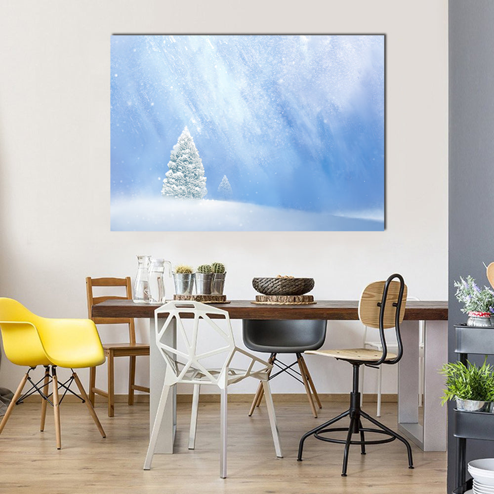 Snow-covered Pines in Soft Winter Light Canvas Wall Art in white and blue, single panel hung on a wall